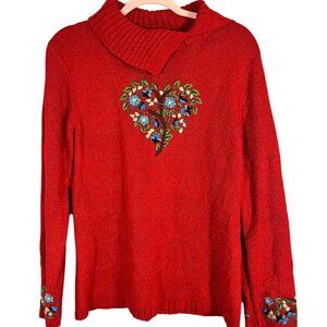 Retro Floral Knit Sweater Red M Embroidery Cottagecore Festive Classic Chic 80s